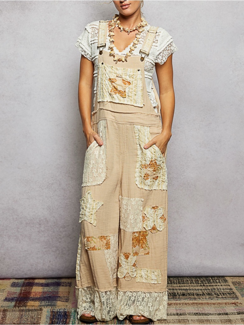 NWT POL Bohemian Natural Crochet Patch Lace Wide Leg Overalls S M L